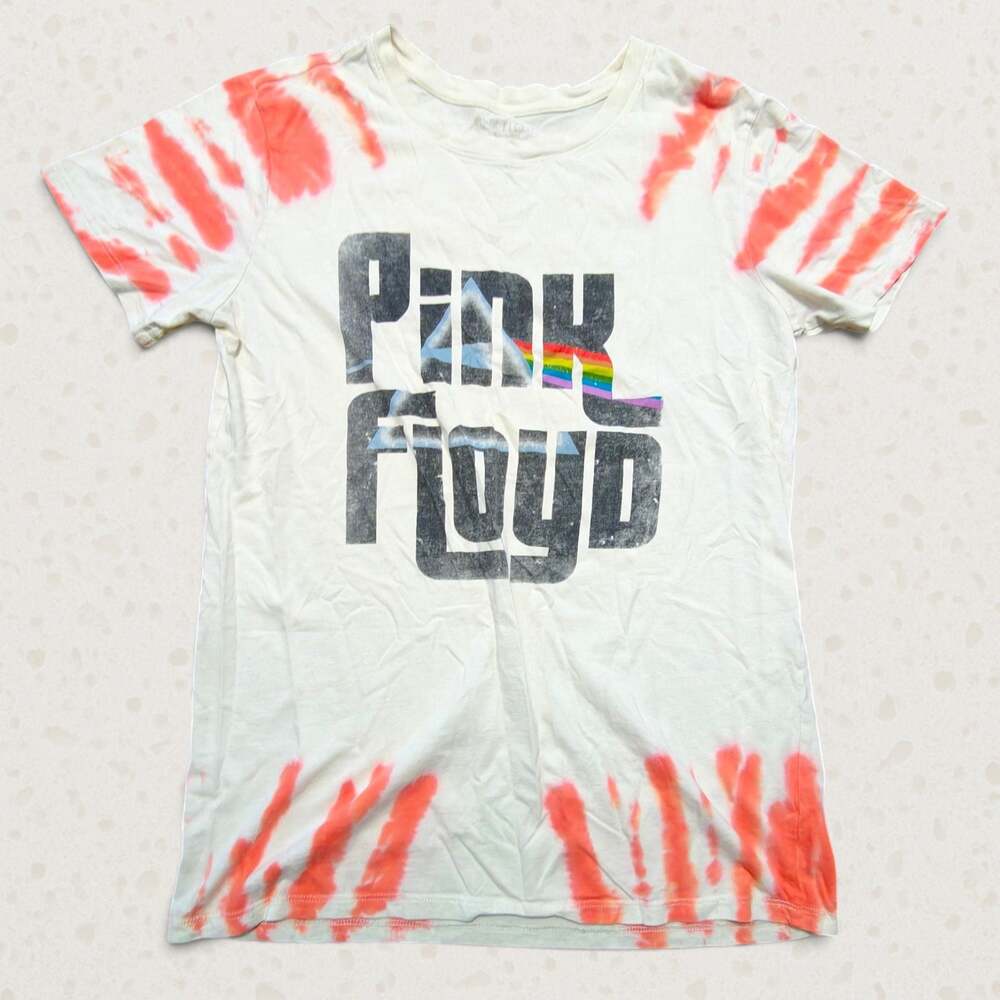 Pink Floyd Dark Side Of The Moon Tie Dye Graphic T-Shirt Women's L Coral Off Whi